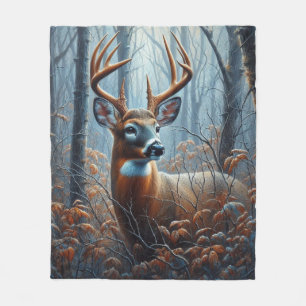 Whitetail Buck Standing in Forest Fleece Blanket