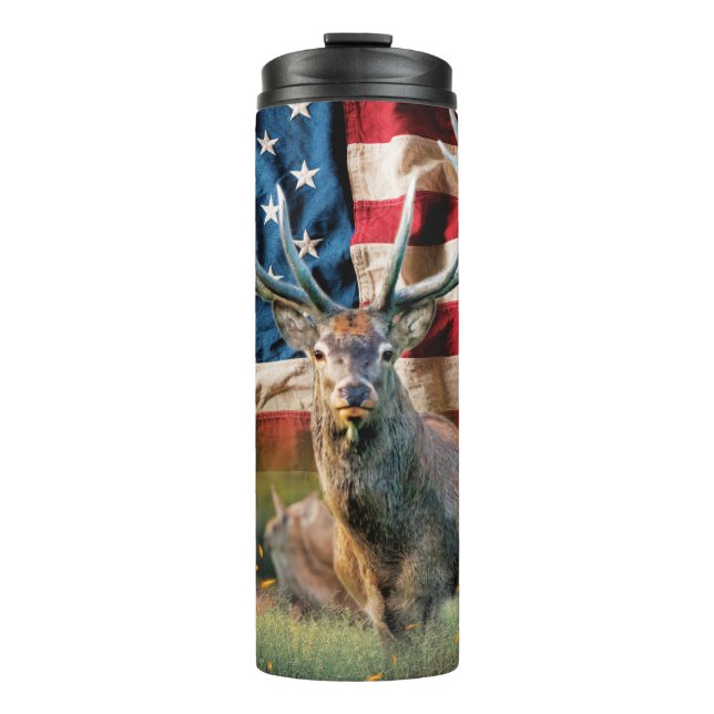 Whitetail Deer American Flag Woods Thermal Tumbler (Front)