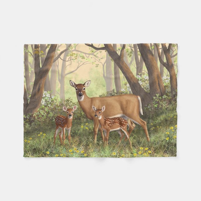 Whitetail Deer and Cute Twin Fawns In Spring Fleece Blanket (Front (Horizontal))