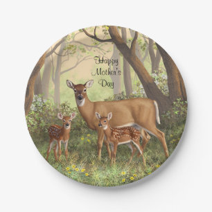 Whitetail Deer and Cute Twin Fawns In Spring Paper Plate