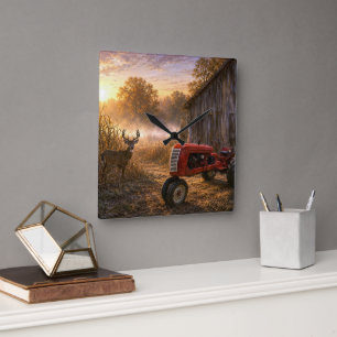 Whitetail Deer and Vintage Tractor in Morning Mist Square Wall Clock