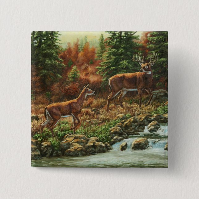 Whitetail Deer and Waterfall 15 Cm Square Badge (Front)