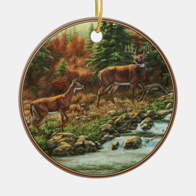 Whitetail Deer and Waterfall Ceramic Ornament (Front)