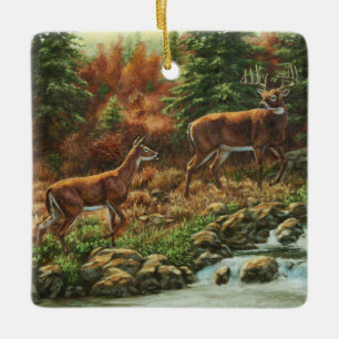Whitetail Deer and Waterfall Ceramic Tree Decoration