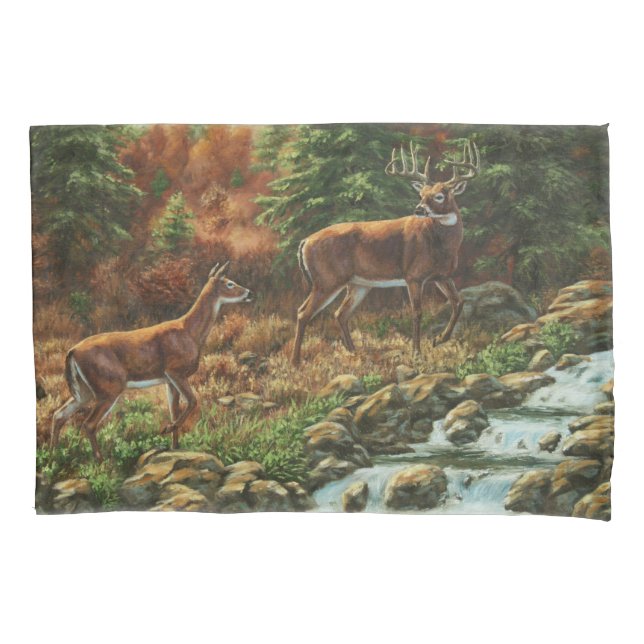 Whitetail Deer and Waterfall Pillowcase (Front-Left)