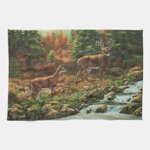 Whitetail Deer and Waterfall Tea Towel