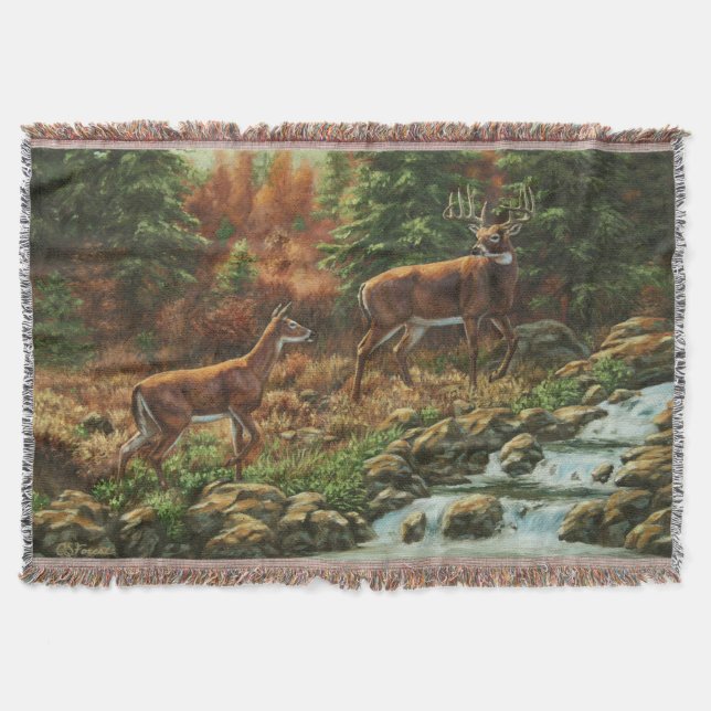 Whitetail Deer and Waterfall Throw Blanket (Front)