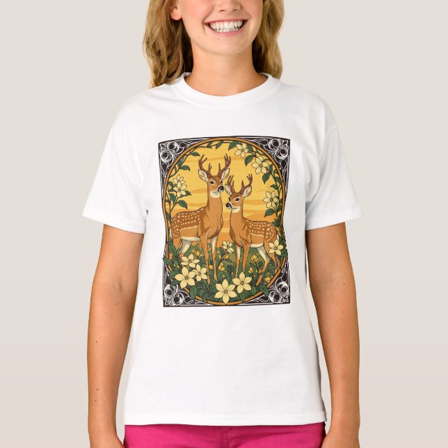 Whitetail Deer And Yellow Jasmine Flowers T-Shirt (Front)