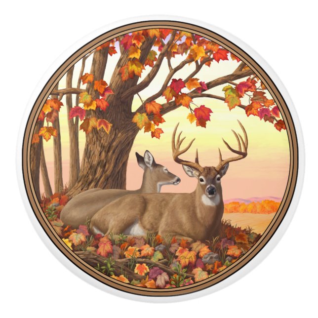 Whitetail Deer Autumn Maple Tree Ceramic Knob (Front)