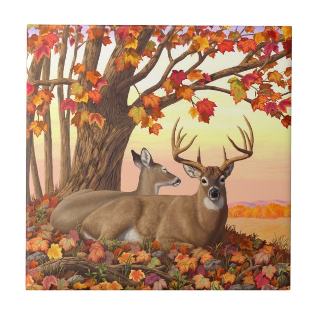 Whitetail Deer Autumn Maple Tree Ceramic Tile (Front)