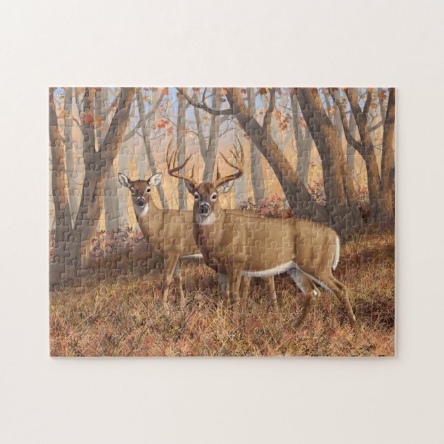 Whitetail Deer Buck & Doe Autumn Maple Trees Jigsaw Puzzle (Horizontal)
