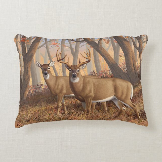 Whitetail Deer Buck & Doe Autumn Maple Woods Decorative Cushion (Front)
