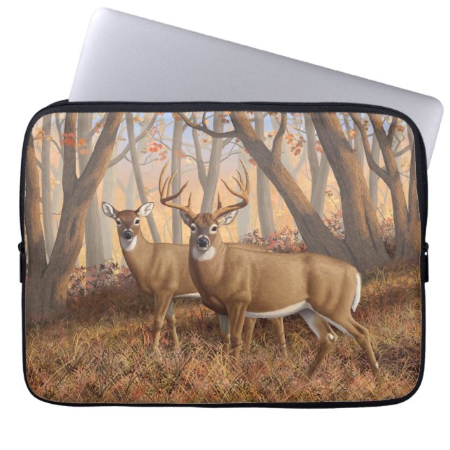 Whitetail Deer Buck & Doe Autumn Maple Woods Laptop Sleeve (Front)