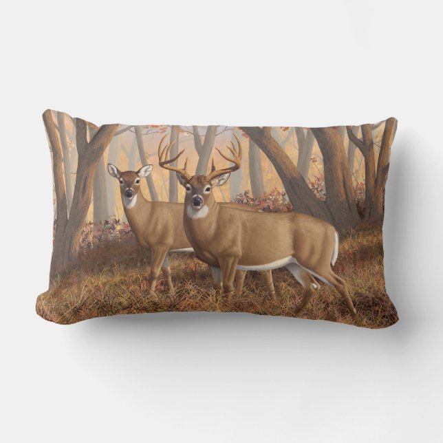 Whitetail Deer Buck & Doe Autumn Maple Woods Lumbar Cushion (Front)
