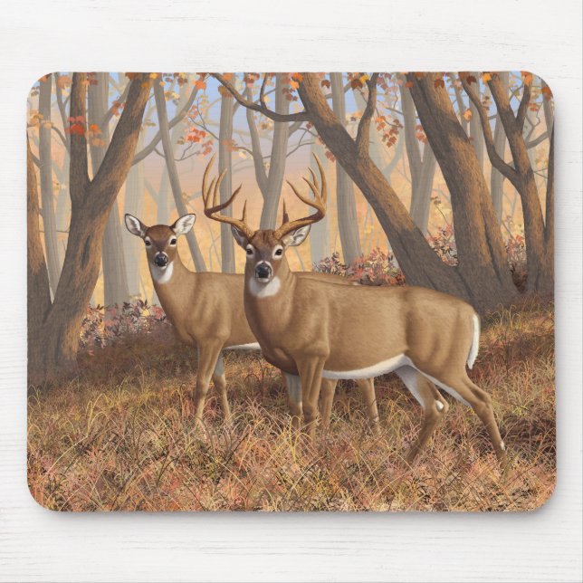 Whitetail Deer Buck & Doe Autumn Maple Woods Mouse Pad (Front)
