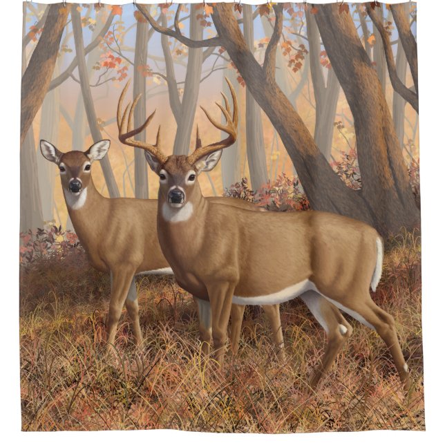 Whitetail Deer Buck & Doe Autumn Maple Woods Shower Curtain (Front)