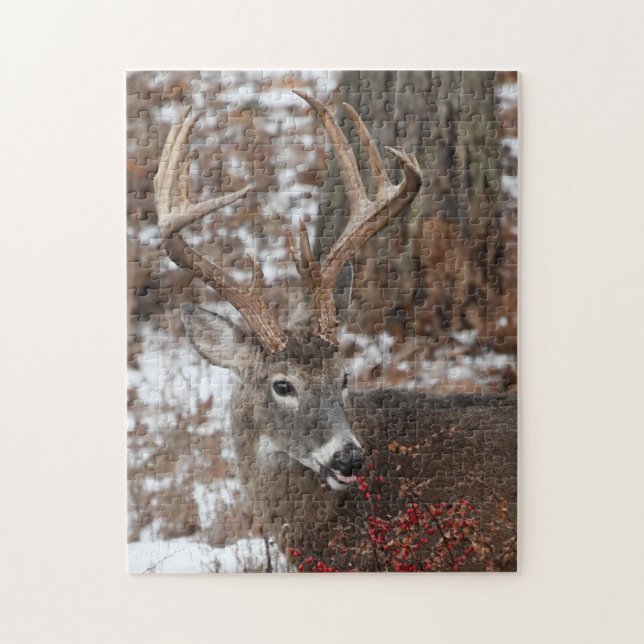 Whitetail Deer Buck Eating Red Berries Jigsaw Puzzle (Vertical)