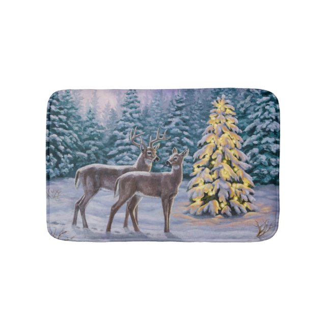 Whitetail Deer & Christmas Tree Winter Scene Bath Mat (Front)