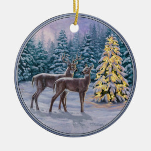 Whitetail Deer & Christmas Tree Winter Scene Ceramic Ornament