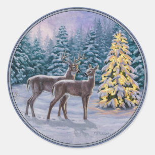 Whitetail Deer & Christmas Tree Winter Scene Classic Round Sticker