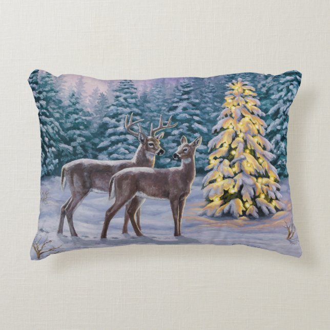 Whitetail Deer & Christmas Tree Winter Scene Decorative Cushion (Front)