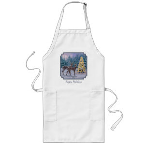 Whitetail Deer & Christmas Tree Winter Scene Long Apron