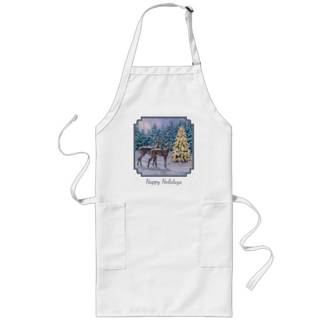 Whitetail Deer & Christmas Tree Winter Scene Long Apron (Front)