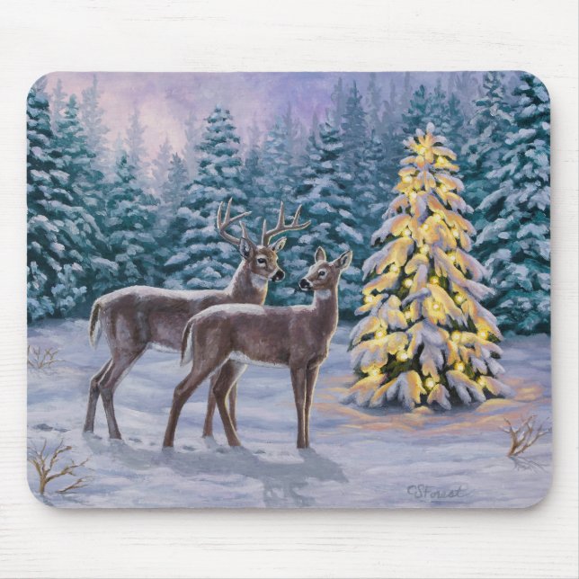 Whitetail Deer & Christmas Tree Winter Scene Mouse Pad (Front)