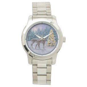 Whitetail Deer & Christmas Tree Winter Scene Watch