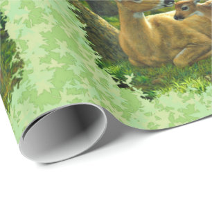 Whitetail Deer & Fawn Spring Leaves Wrapping Paper