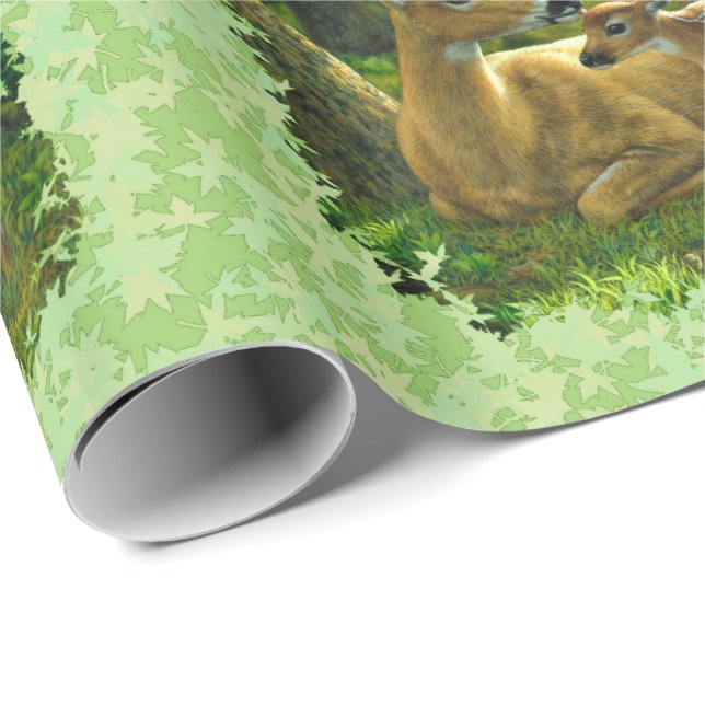 Whitetail Deer & Fawn Spring Leaves Wrapping Paper (Roll Corner)