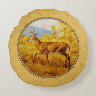 Whitetail Deer Golden Aspen Woods Round Cushion