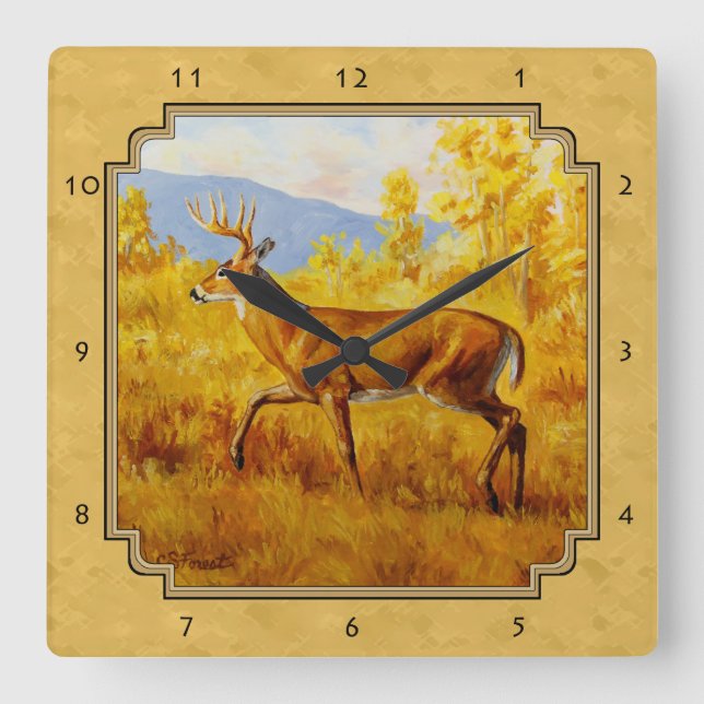 Whitetail Deer Golden Aspen Woods Square Wall Clock (Front)