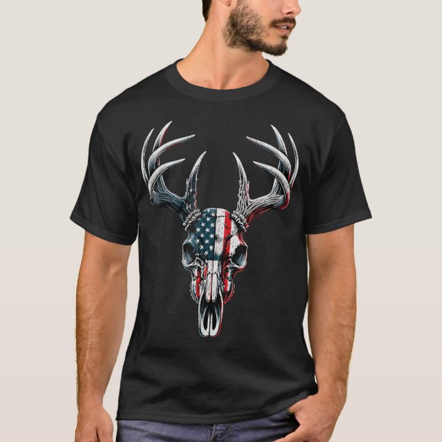 Whitetail Deer Hunting  American Flag On Buck  T-Shirt (Front)