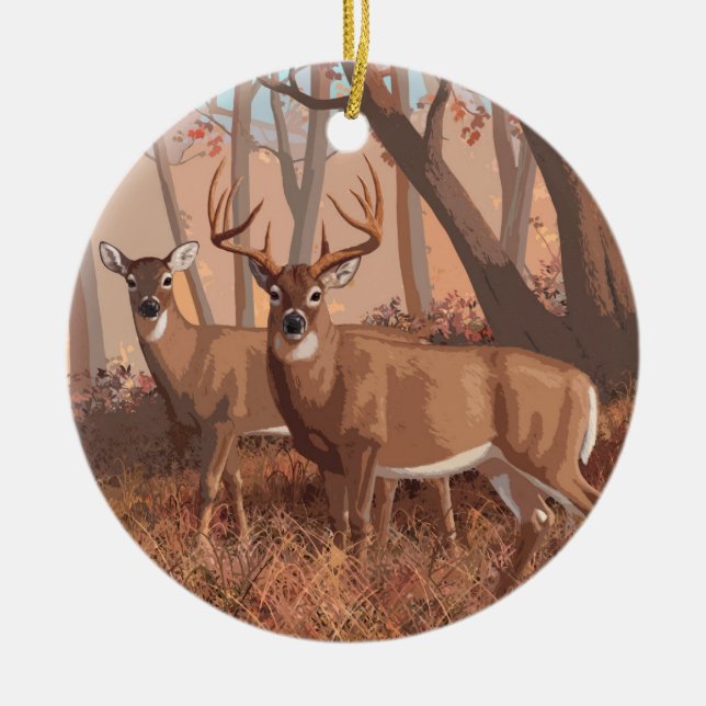 Whitetail Deer In Forest Retro Style Nature Ceramic Ornament (Front)