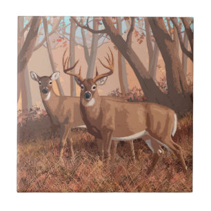 Whitetail Deer In Forest Retro Style Nature Ceramic Tile