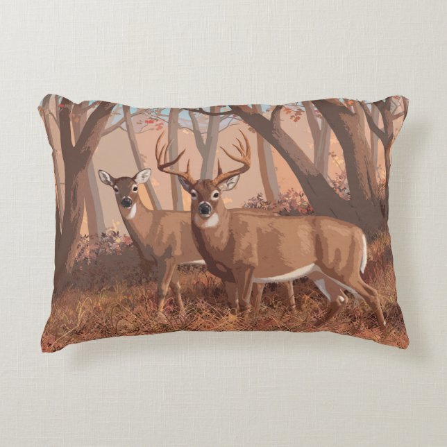 Whitetail Deer In Forest Retro Style Nature Decorative Cushion (Front)