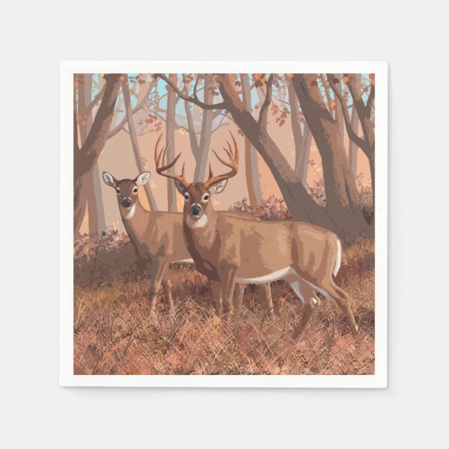 Whitetail Deer In Forest Retro Style Nature Napkin (Front)
