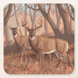 Whitetail Deer In Forest Retro Style Nature Square Paper Coaster