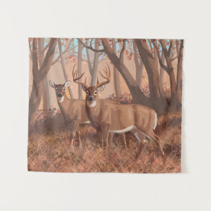 Whitetail Deer In Forest Retro Style Nature Tapestry