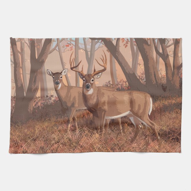 Whitetail Deer In Forest Retro Style Nature Tea Towel (Horizontal)