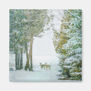 Whitetail Deer in Winter Snow Wildlife Watercolor Magnet