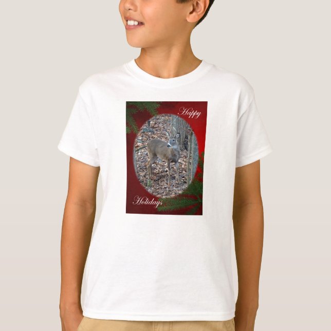 Whitetail Deer Spike Buck Happy Holidays Series T-Shirt (Front)