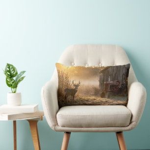 Whitetail Deer with Vintage Red Tractor Lumbar Cushion