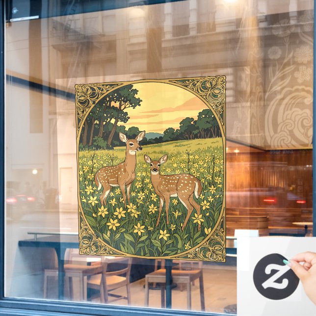 Whitetail Doe and Fawn With Yellow Flowers (Cafe Window)