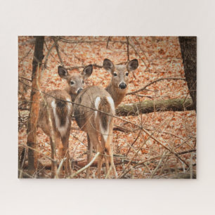 Whitetail Doe and her Fawn in the autumn Woods Jigsaw Puzzle