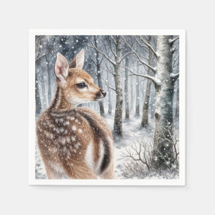 Whitetail Fawn In Winter Forest Napkin