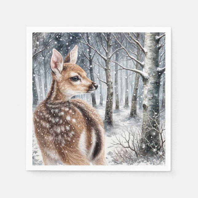 Whitetail Fawn In Winter Forest Napkin (Front)