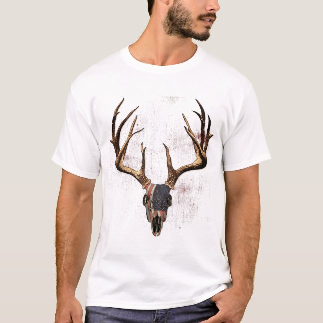 Whitetails Deer Hunting Americana Flag Deer Head T-Shirt (Front)