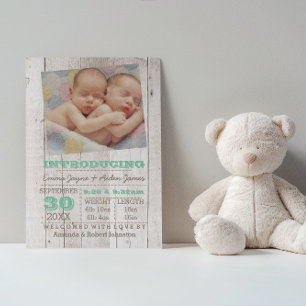 Whitewash Green Twins Photo Birth Announcement